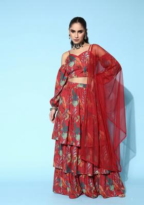 Red Printed Crepe Lehenga Set