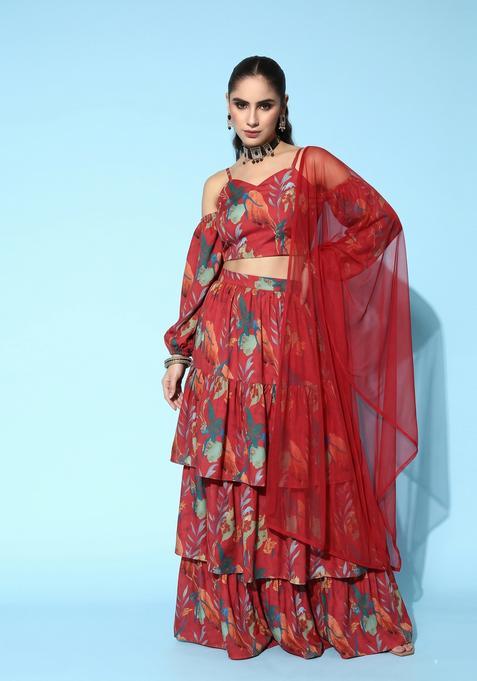 Red Printed Crepe Lehenga Set