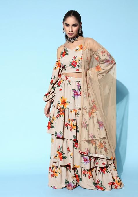 Khaki Printed Crepe Fusion Set