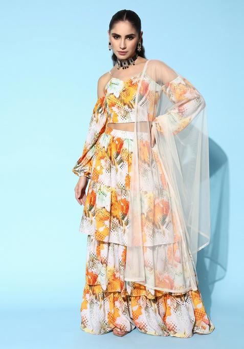 Off White Printed Crepe Lehenga Set