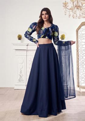Navy Blue Printed Lehenga Set