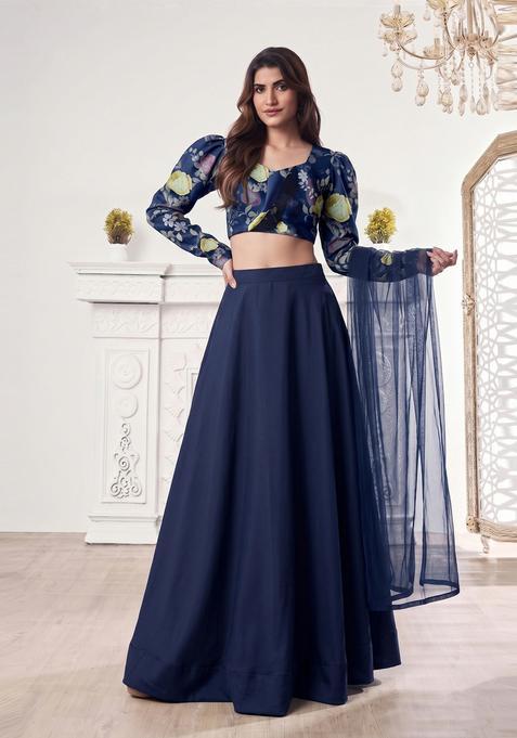 Navy Blue Printed Lehenga Set