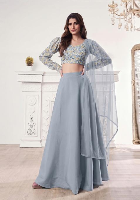 Grey Printed Lehenga Set