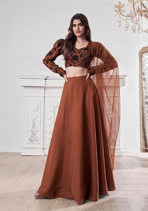 Brown Printed Lehenga Set