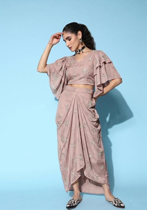 Dusty Mauve Embroidered Organza Fusion Set