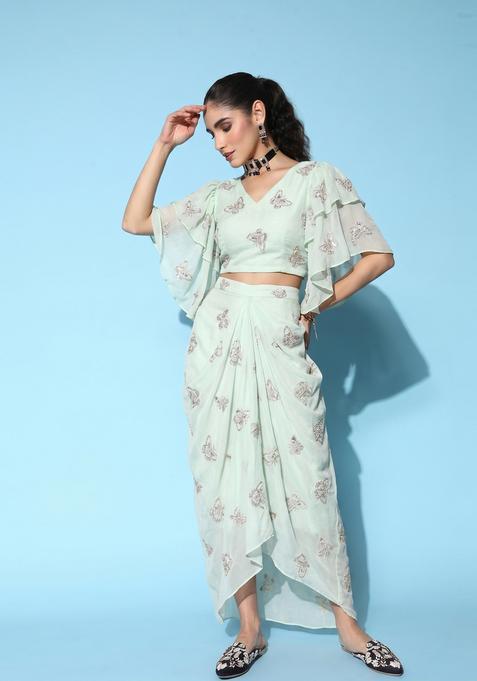Off White Embroidered Organza Fusion Set