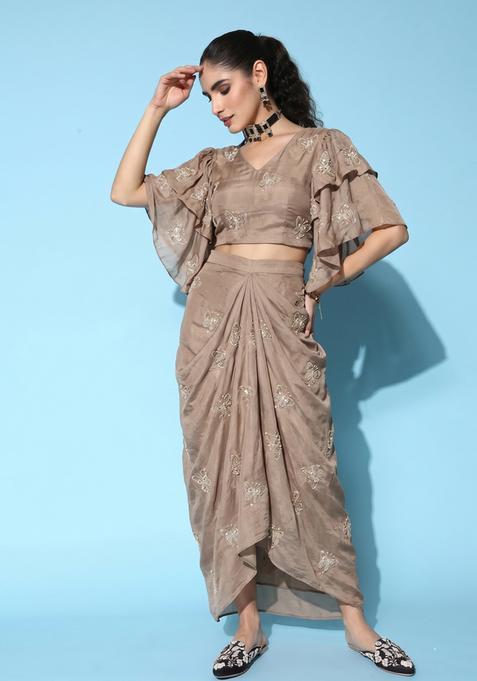 Brown Embroidered Organza Fusion Set