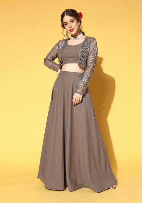 Brown Sequin Net Fusion Set