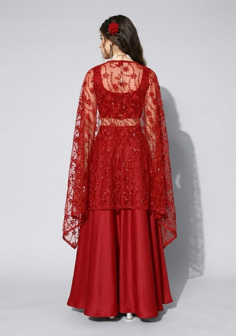 Red Solid Net Fusion Set - Indya