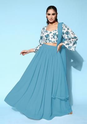 White Printed Crepe Lehenga Set