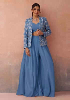 Dusty Blue Printed Organza Fusion Set