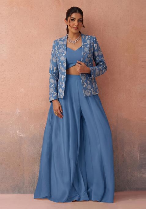 Dusty Blue Printed Organza Fusion Set