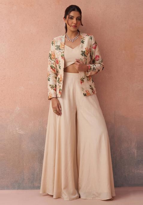 Beige Printed Organza Fusion Set