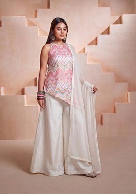 White Printed Satin Sharara Set
