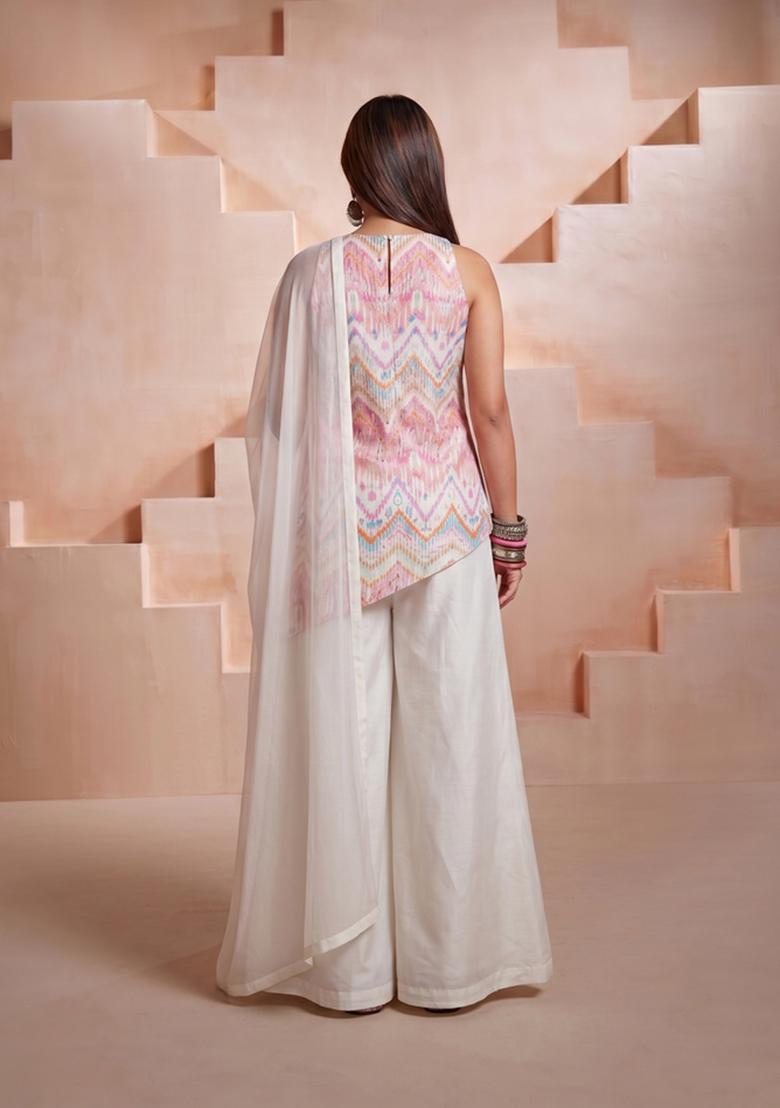 White Printed Satin Sharara Set - Indya