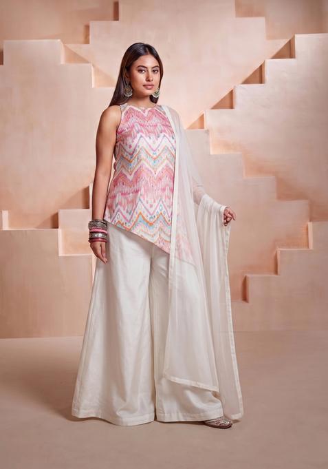 White Printed Satin Sharara Set