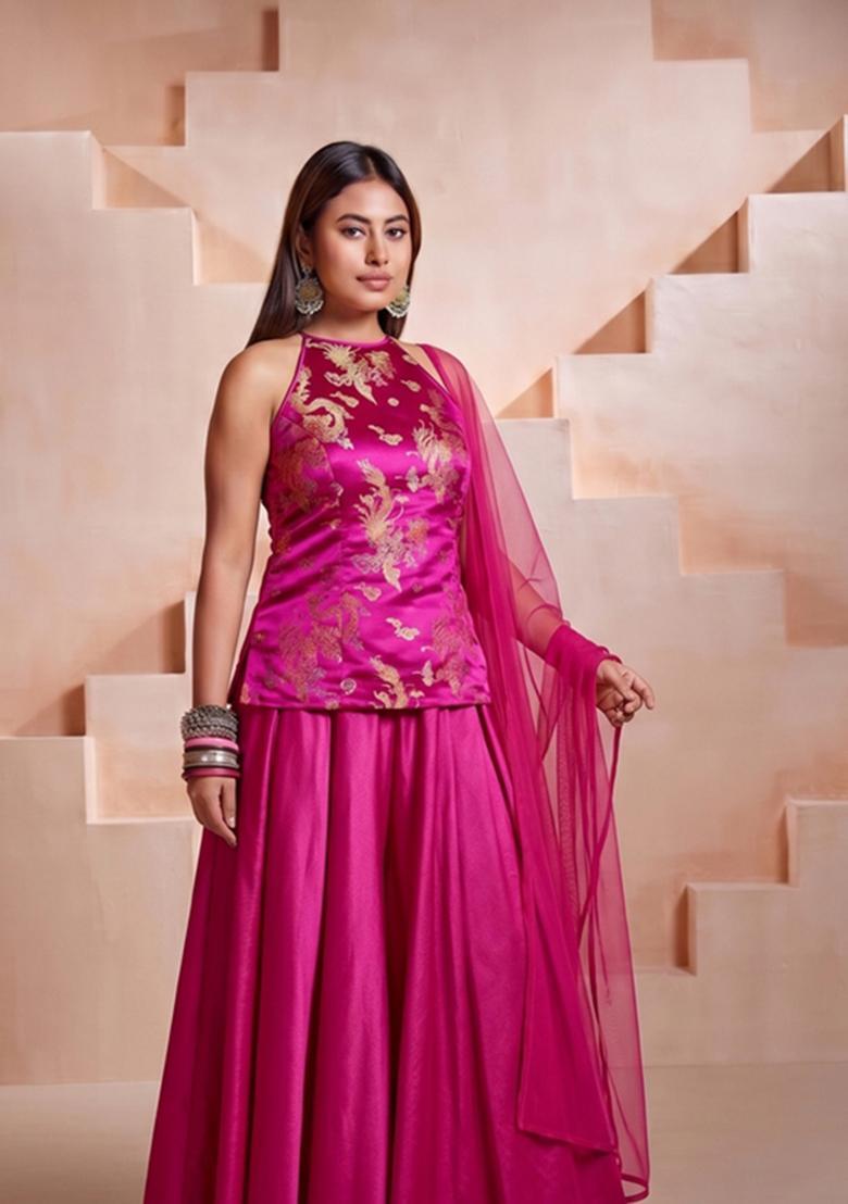 Magenta Embroidered Satin Fusion Set - Indya