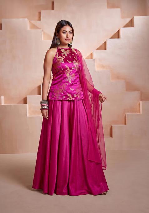 Magenta Embroidered Satin Lehenga Set