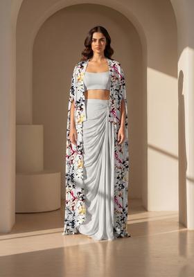 Light Grey Printed Silk Fusion Set