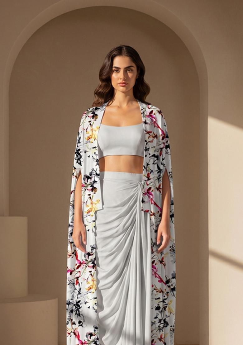 Light Grey Printed Silk Fusion Set - Indya