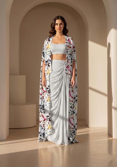 Light Grey Printed Silk Fusion Set