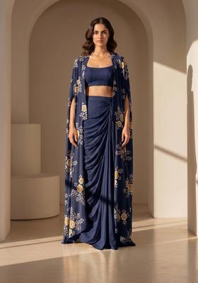 Navy Blue Printed Silk Fusion Set