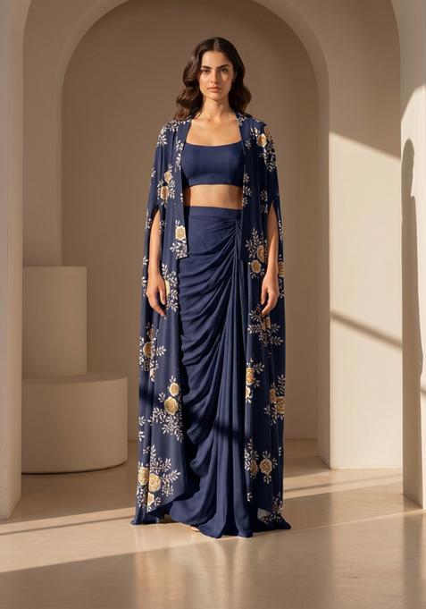 Navy Blue Printed Silk Fusion Set