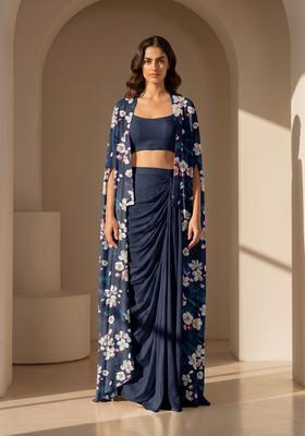 Navy Blue Printed Silk Fusion Set