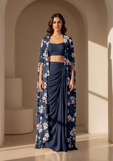 Navy Blue Printed Silk Fusion Set