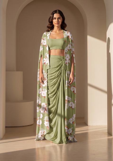 Olive Green Printed Silk Fusion Set