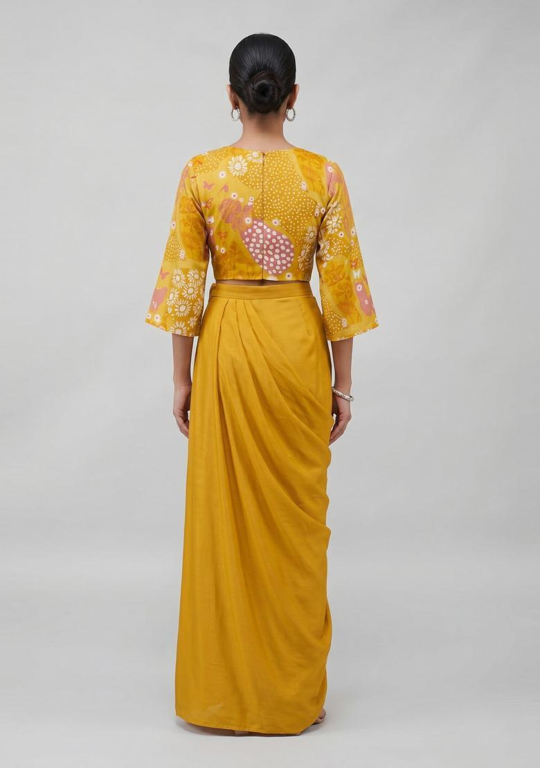 Mustard Printed Satin Fusion Set - Indya