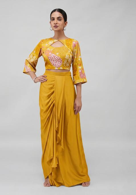 Mustard Printed Satin Fusion Set