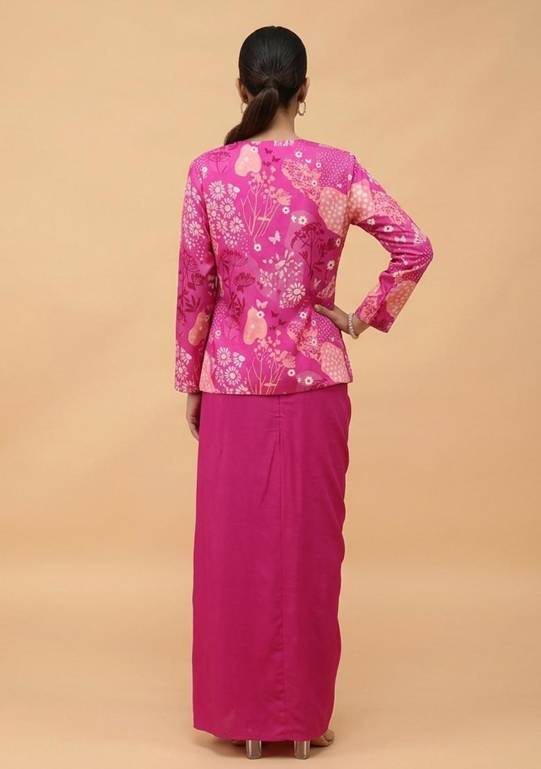 Magenta Printed Satin Fusion Set - Indya