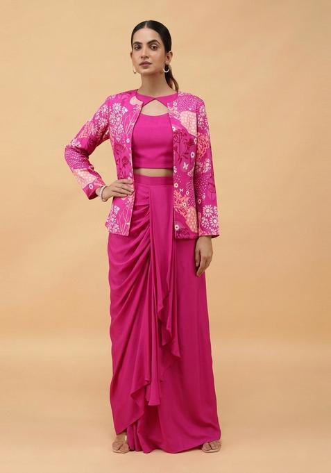 Magenta Printed Satin Fusion Set