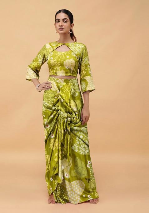Olive Green Printed Satin Fusion Set