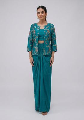 Teal Embroidered Crepe Fusion Set