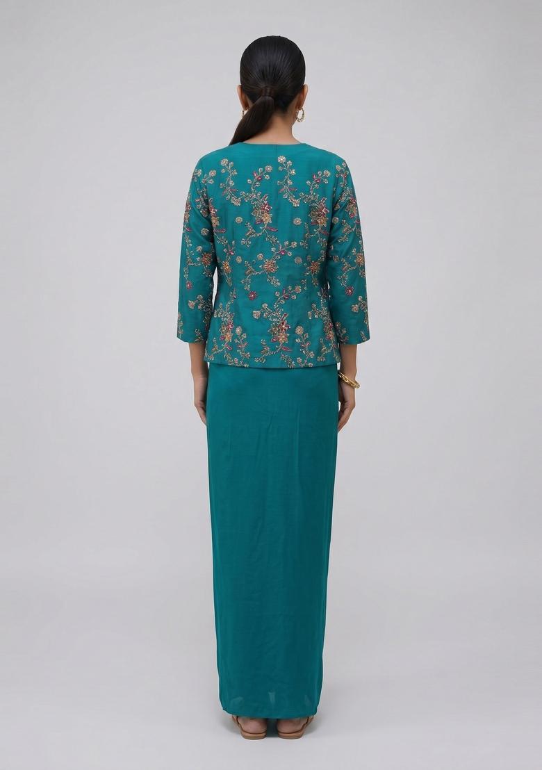 Teal Embroidered Crepe Fusion Set - Indya
