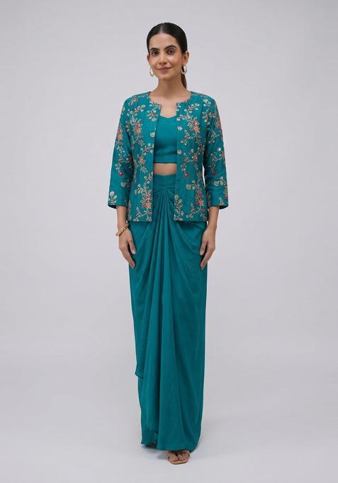 Teal Embroidered Crepe Fusion Set