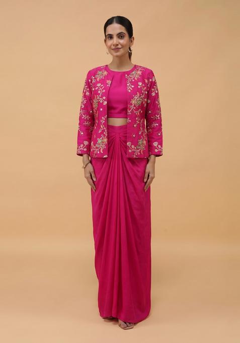 Magenta Embroidered Crepe Fusion Set