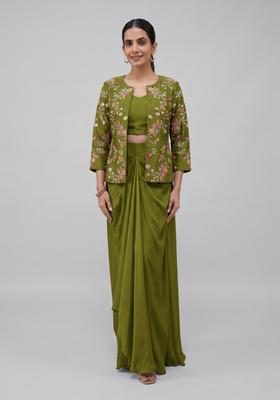 Olive Green Embroidered Crepe Fusion Set