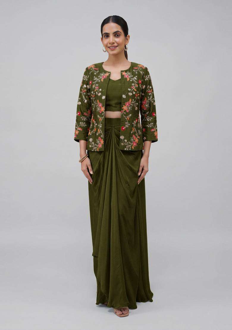 Olive Green Embroidered Crepe Fusion Set - Indya