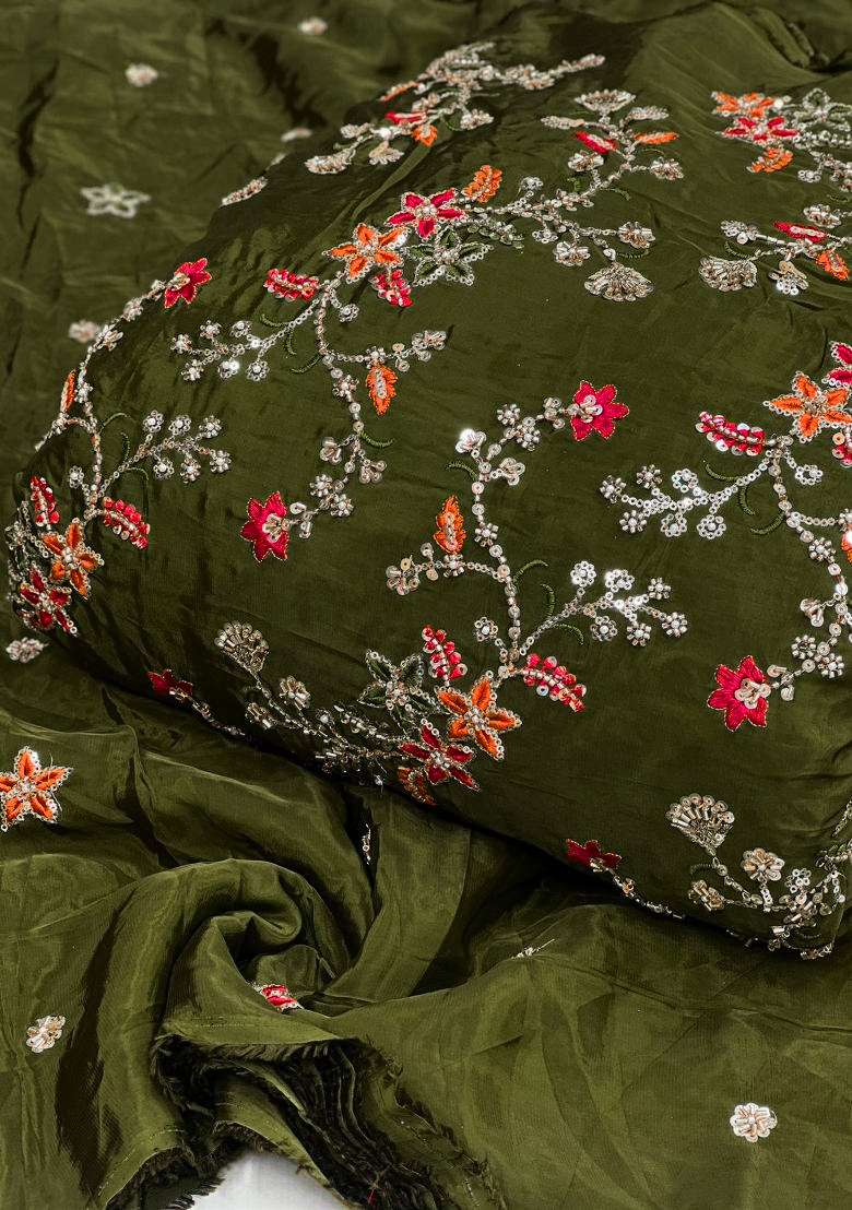 Olive Green Embroidered Crepe Fusion Set - Indya