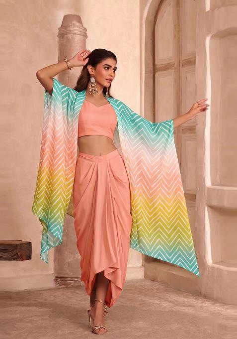 Terracotta Printed Georgette Pre Draped Saree Set