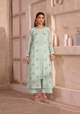 Mint Green Embroidered Organza Kurta Set