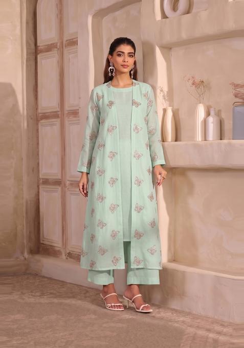 Mint Green Embroidered Organza Kurta Set