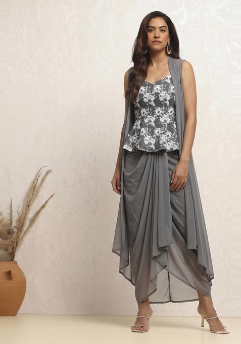 Grey Printed Georgette Fusion Set