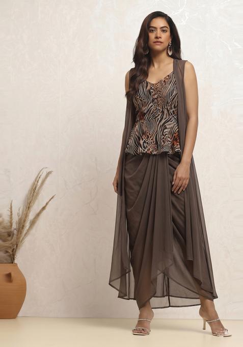Brown Printed Georgette Fusion Set
