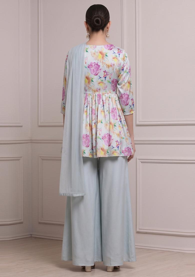 Light Grey Printed Satin Sharara Set - Indya