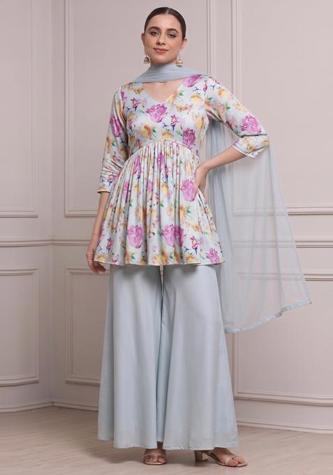 Light Grey Printed Satin Sharara Set