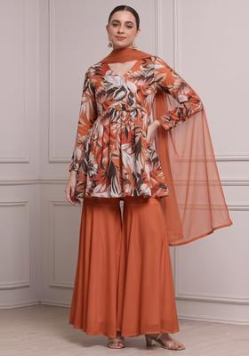 Rust Printed Satin Sharara Set